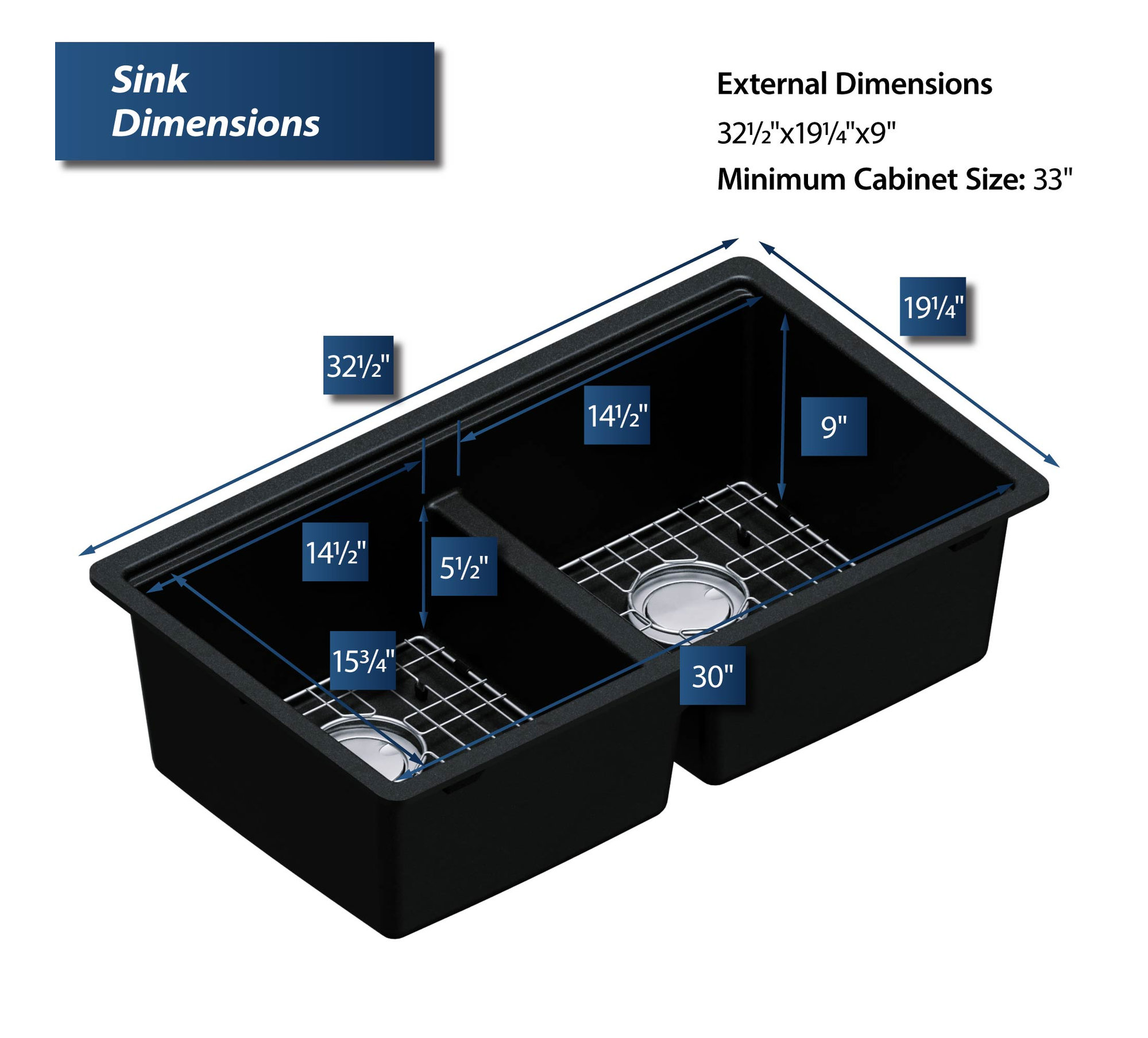 Karran Undermount 32.5 in. Double 50/50 Bowl Workstation Kitchen Sink, Black