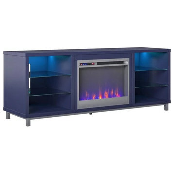 Elegant TV Stand, Center Fireplace and Shelves With LED Lights, Navy