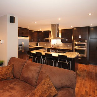 Large contemporary kitchen pantry ideas - Inspiration for a large contemporary l-shaped kitchen pantry remodel in Ottawa with flat-panel cabinets, dark wood cabinets and an island