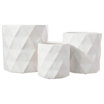 Ceramic Pot with Embossed Symmetric Diamond Design Matte White Finish, Set of 3