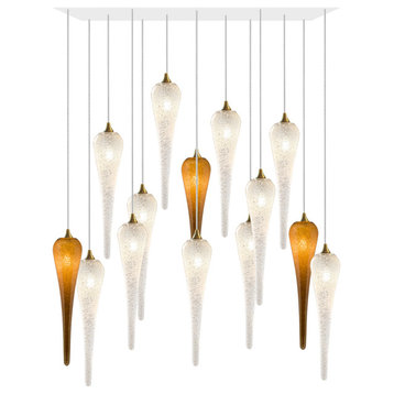 Icicle 14 Blown Glass Chandelier, White, 36", Clear and Honey Glass
