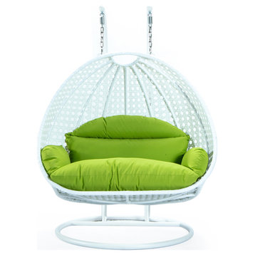 2 Person White Wicker Double Hanging Egg Swing Chair, Light Green