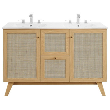 Modway Soma 48" Double Sink Modern Wood Bathroom Vanity in Oak and White