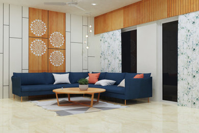Ejemplo de salón contemporáneo con paredes blancas y panelado