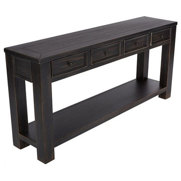 Traditional Sofa Table, Black Painted Wood With 4 Drawer and Open Bottom Shelf