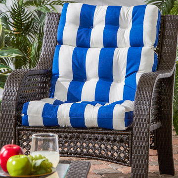 Wicker Woven Patio Chair with Blue and White Stripe Cushion