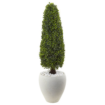 41" Boxwood Topiary With Textured White Planter UV Resistant, Indoor and Outdoor