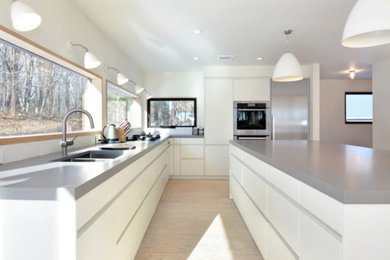 Kitchen - contemporary light wood floor kitchen idea in New York with an undermount sink, flat-panel cabinets, white cabinets, white backsplash, stainless steel appliances and an island