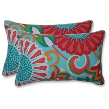 Outdoor/Indoor Sophia Turquoise/Coral Rectangular Throw Pillow, Set of 2