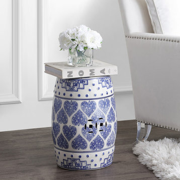 Happy Hearts 17.8" Ceramic Drum Garden Stool, Blue and White