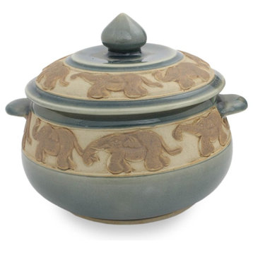 Blue Elephant Walk Celadon Ceramic Covered Bowl