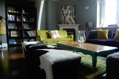 Inspiration for a large eclectic mezzanine living room in London with multi-coloured walls and dark hardwood flooring.
