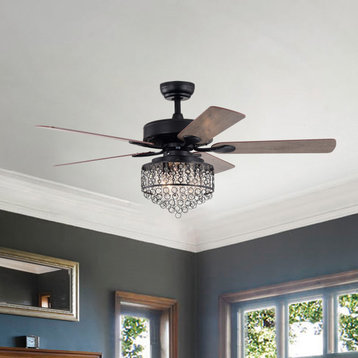 52" Indoor Matte Black Reversible Ceiling Fan with Crystal Cascade Light Kit