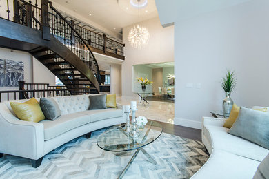 Inspiration for a mid-sized transitional open concept and formal dark wood floor living room remodel in Vancouver with no tv, gray walls and no fireplace