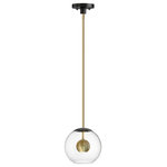 ET2 - Nucleus LED Pendant, Black / Natural Aged Brass - Three sizes of thick Clear glass orbs are suspended displaying a small aluminum sphere encompassed within. Discretely recessed dedicated LED provides ample lighting without glare. Branching out from a central structural column the striking Black and Satin Brass combination an additional LED light source directs light downward. These atomically inspired fixtures are sure to make a statement.