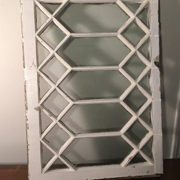 Vintage White Wood Diamond 1800's Window Mullioned Frame Glass Old Antique