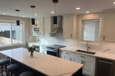 Large dark wood floor and brown floor eat-in kitchen photo in Chicago with an undermount sink, quartz countertops, white backsplash, quartz backsplash, stainless steel appliances, an island and white countertops