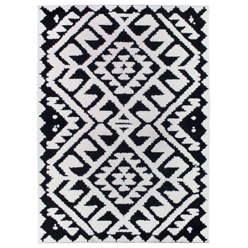 Soft Plush Geometric Aztec Moroccan Pile Shag Accent Rug 5 x 7, Black & White