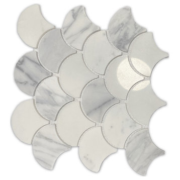 Fish Scale Statuary Statuario White Marble Fan Mosaic Tile Polished, 1 sheet