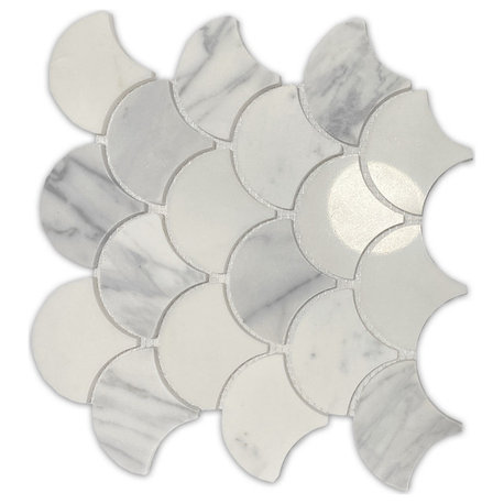 Fish Scale Statuary Statuario White Marble Fan Mosaic Tile Polished, 1 sheet