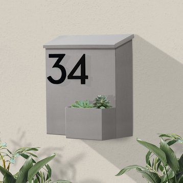 Greetings Wall Mounted Mailbox + House Numbers, Lock Included, Outgoing Flag, Gray, Black Font