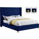 Meridian Furniture - Savan Velvet Upholstered Bed, Navy, Queen - Bring luxury to the forefront when you add this Savan velvet queen-size bed to your room. Upholstered in rich navy velvet from the top of its super-high headboard down to its footboard, this beautiful bed features deep button tufting and a wingback detail to make it a true standout in your space. This luxe bed comes with two sets of legsincluding both gold and chrome optionsso you can customize it to completely coordinate with other items in your space. Full slats are included so that you can set it up and start using it right away.