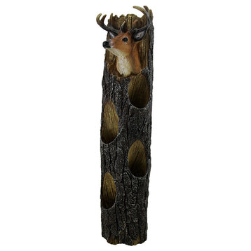Deer Head On Weathered Log Rustic Wall Mounted 4 Bottle Wine Holder 19 Inch