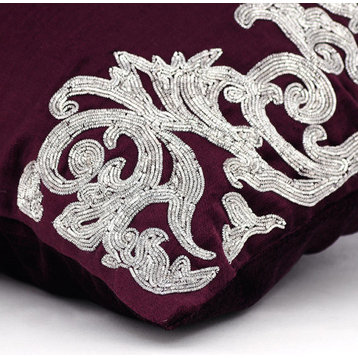 Beaded Floral Border Plum Pillow Shams, Velvet 24x24 Pillow Shams, Art Nouveau