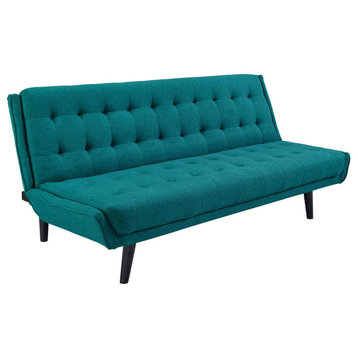 Mid Century Modern Futon Sofa, Polyester Seat With Deep Square Tufting, Teal