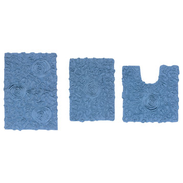 Bell Flower Collection Bath Rug, 3-Piece Set With Contour, Sky Blue