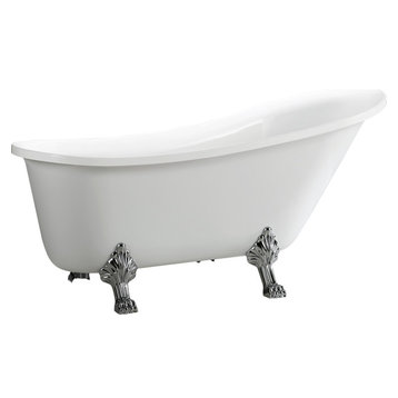 Freestanding claw foot white acrylic bathtub with polished chrome pop-up drain