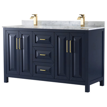 Daria 60" Dark Blue Double Vanity, Carrara Marble Top, Square Sinks, No Mirror