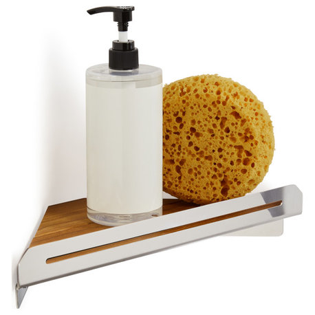 Floating Corner Shower Shelf With Natural Teak Wood, Polished