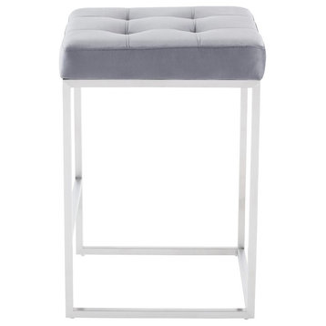 Glam Counter Stool, Modern Tufted Counter Stool, Fabric Kitchen Stool, Silver Gr