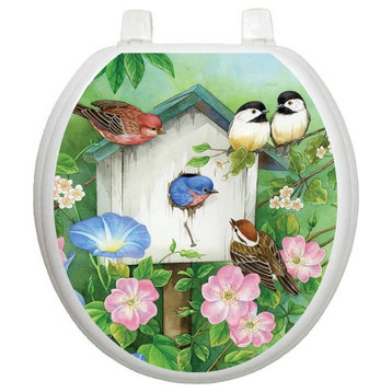 Blooming Birdhouse Toilet Tattoos Seat Cover, Vinyl Lid Decal, Bathroom Accent, Round