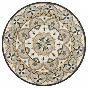 4' Round Gray And Ivory Floral Bloom Area Rug