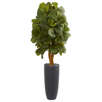 Nearly Natural 5.5' Fiddle Leaf Artificial Tree in Gray Cylinder Planter