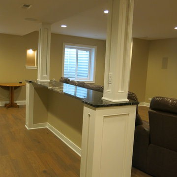 Roselle basement with full bar, media area, and gym with barn door