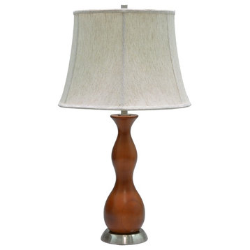 40002, 28" High Wooden Table Lamp, Brown Wood With Satin Nickel Base