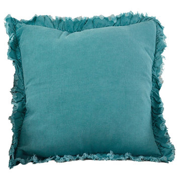 Ruffled Linen Down Filled Throw Pillow, 20"x20", Sea Green