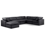Meridian Furniture - Indulge Upholstered Modular U-Shaped Sectional, Black, 7-Piece: 3 Armless Chair, 3 Corner Chair, 1 Ottoman, Fiber Stuffed Vegan Leather - Experience ultimate comfort and style with our black vegan leather Indulge Sectional. The luxurious vegan leather will elevate the aesthetic of any room. This sofa provides ample space for you to relax while its modular build offers the option of unlimited configurations. Whether you're looking to add a stylish element to your living room or a comfortable seating option to your bedroom, this sofa is the perfect choice.