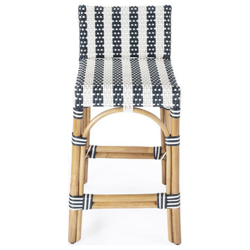 Blue and White Rattan Low Back Counter Stool, Belen Kox