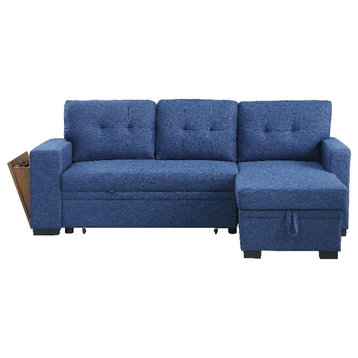 Fabric Reversible Modern Side Compartment Sleeper Sectional Sofa Bed-Blue