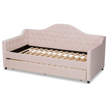 Daybed With Pull Out Trundle, Light Pink Velvet Upholstery & Tufted Back, Twin
