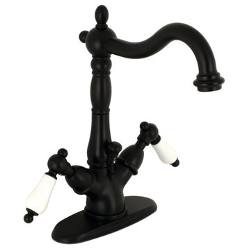 Traditional Bathroom Faucet, 2 Elegant White Levers & Brass Pop Up Drain, Black