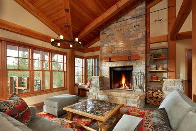 Mid-sized mountain style enclosed carpeted living room photo in Minneapolis