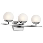 Kichler - Kichler Jasper 3-Light Bathroom Vanity Light in Chrome - Was the Jasper inspired by geometry, nature or something else? We might never know for sure, but we do know it’s an alluring and somewhat mysterious light fixture that draws interest and admiration from those who love contemporary, mid-century modern, Scandinavian and Asian design. Like four chubby birds on a branch, the Jasper features a row of satin etched opal globes neatly nested in chrome holders, all arranged on a gently tapered chrome bar. Pair it with other chrome bath fixtures for a harmonious aesthetic or use contrasting black, copper, brass or gold finishes for a decidedly fashionable mixed metals look. Whatever you decide, you’ll love the gorgeous glow created by the 50-watt halogen bulbs that are included with this unique bathroom light.  This light requires 3 , 50W Watt Bulbs (Not Included) UL Certified.