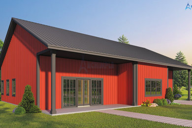 Mid-sized farmhouse red one-story metal and board and batten exterior home idea in Wilmington with a metal roof and a black roof