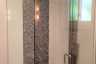 Walk-in shower - small contemporary master white tile and porcelain tile porcelain tile walk-in shower idea in Toronto