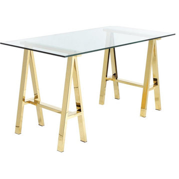 Pangea Home Brady Small Metal Desk with Glass in Polished Gold